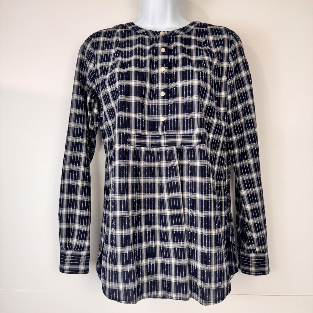 Loft Core Item Women XS Navy Plaid Tunic Blouse Long Sleeve Casual Cotton